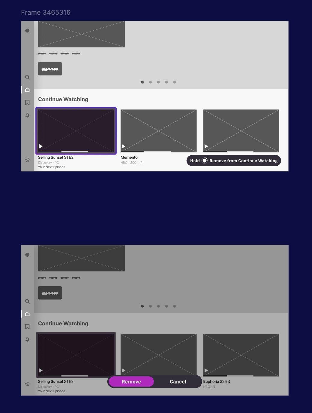 Long-press CTV concept for managing My List and Continue Watching