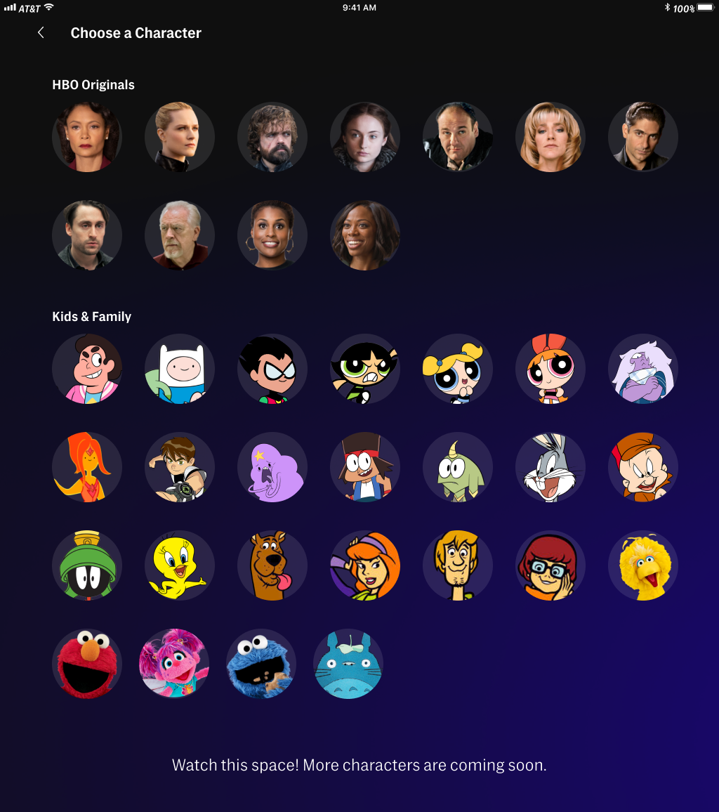 HBO Max Pick a Character avatar selection interface