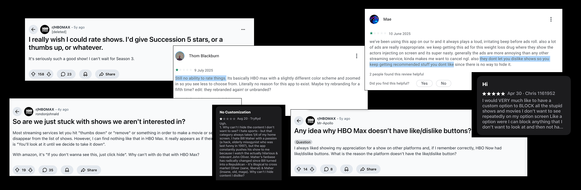 Customer feedback showing desire for content control and rating capabilities