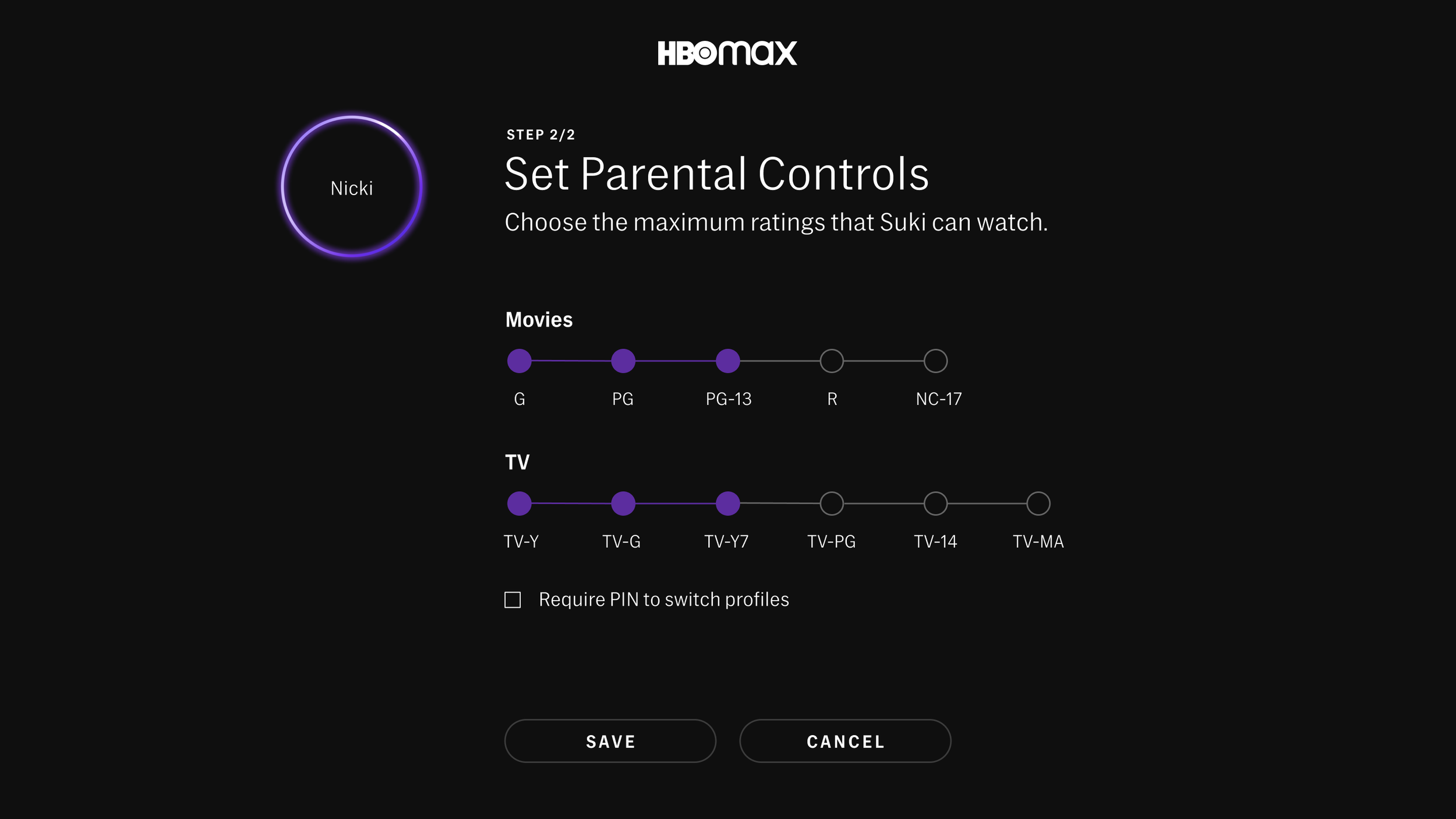HBO Max parental controls kid profile creation on CTV