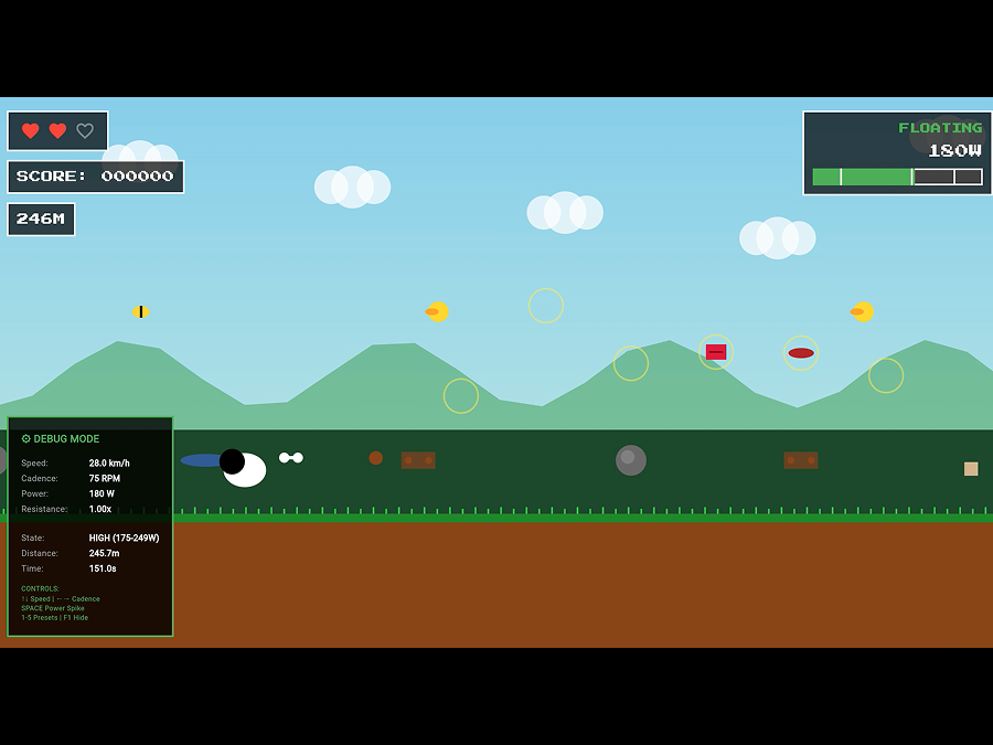 Early gameplay prototype with placeholder sprites, basic HUD, and debug panel showing power zones