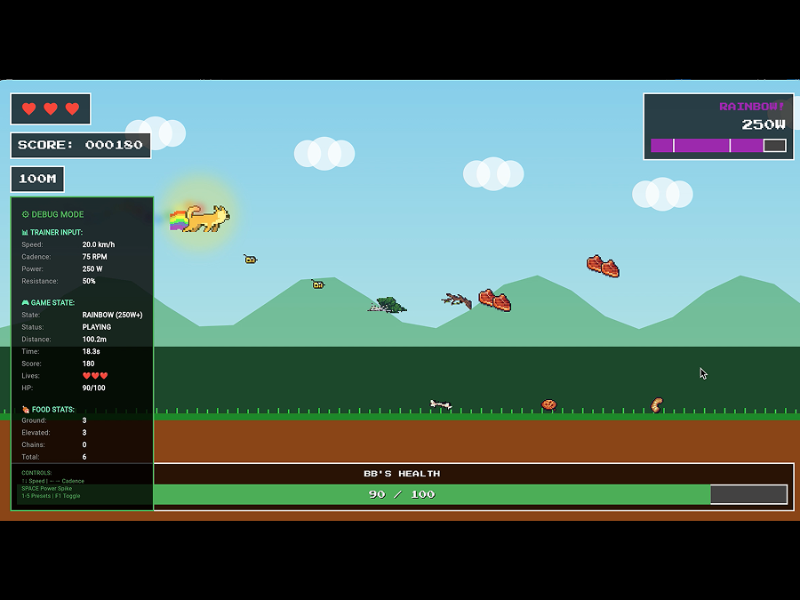 Early gameplay showing BB in rainbow mode with expanded debug panel tracking food stats and game state