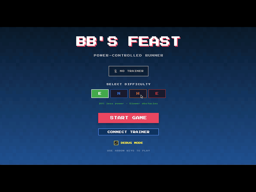 Early menu iteration with difficulty selector, trainer connection status, and debug mode toggle