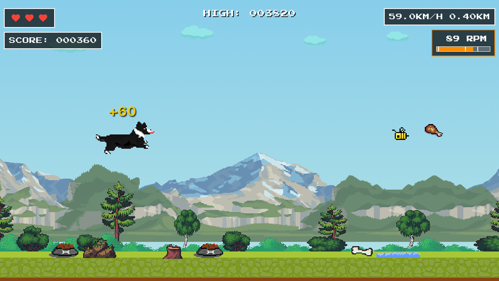 BB's Feast gameplay showing BB the dog flying through the air collecting food items with mountains in the background
