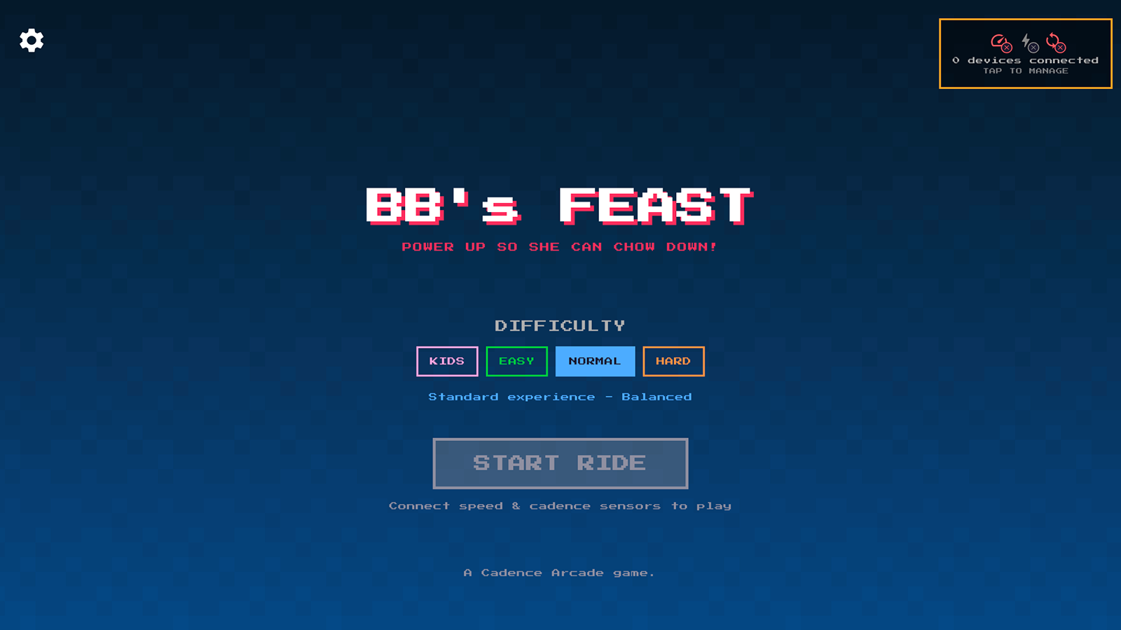 BB's Feast main menu screen showing difficulty selection with Kids, Easy, Normal, and Hard options, Start Ride button, and device connection status