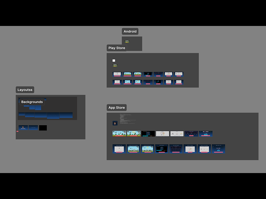 App store preparation showing Android Play Store and iOS App Store listing layouts with screenshot galleries