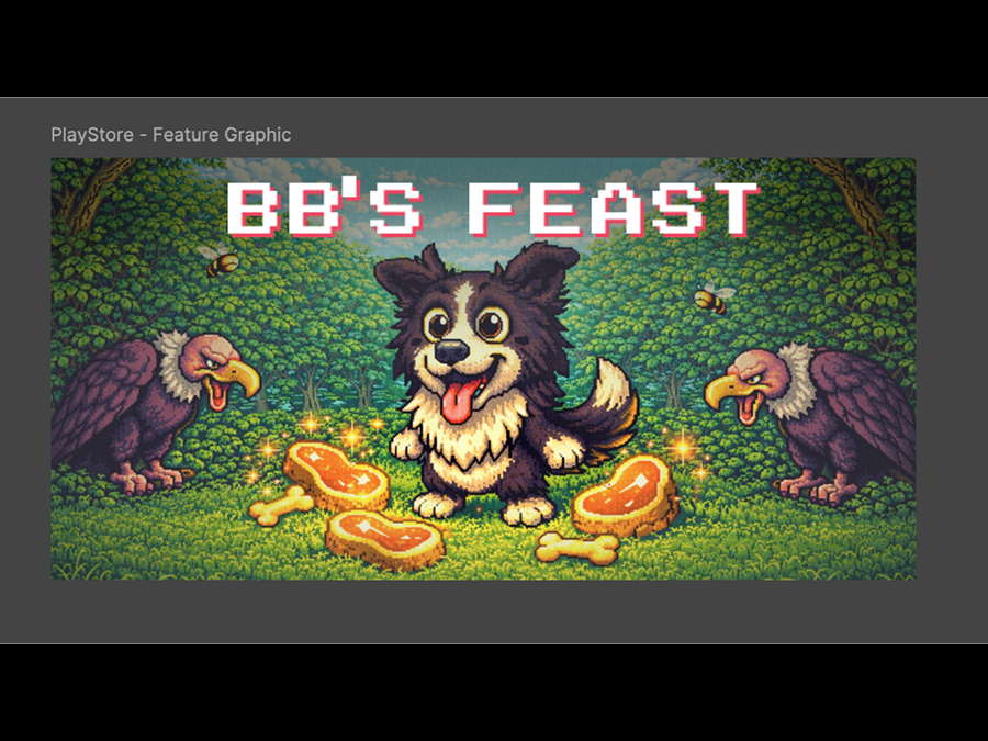 Play Store feature graphic showing BB the pixel art dog surrounded by food in a forest setting