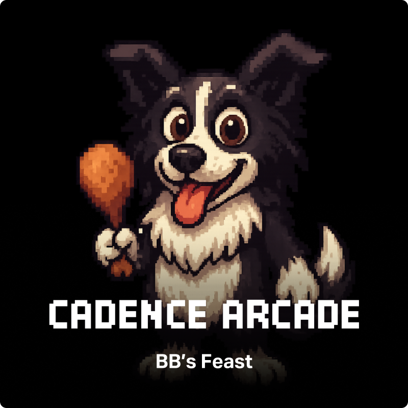 Pixel art of BB the dog holding a drumstick with Cadence Arcade branding