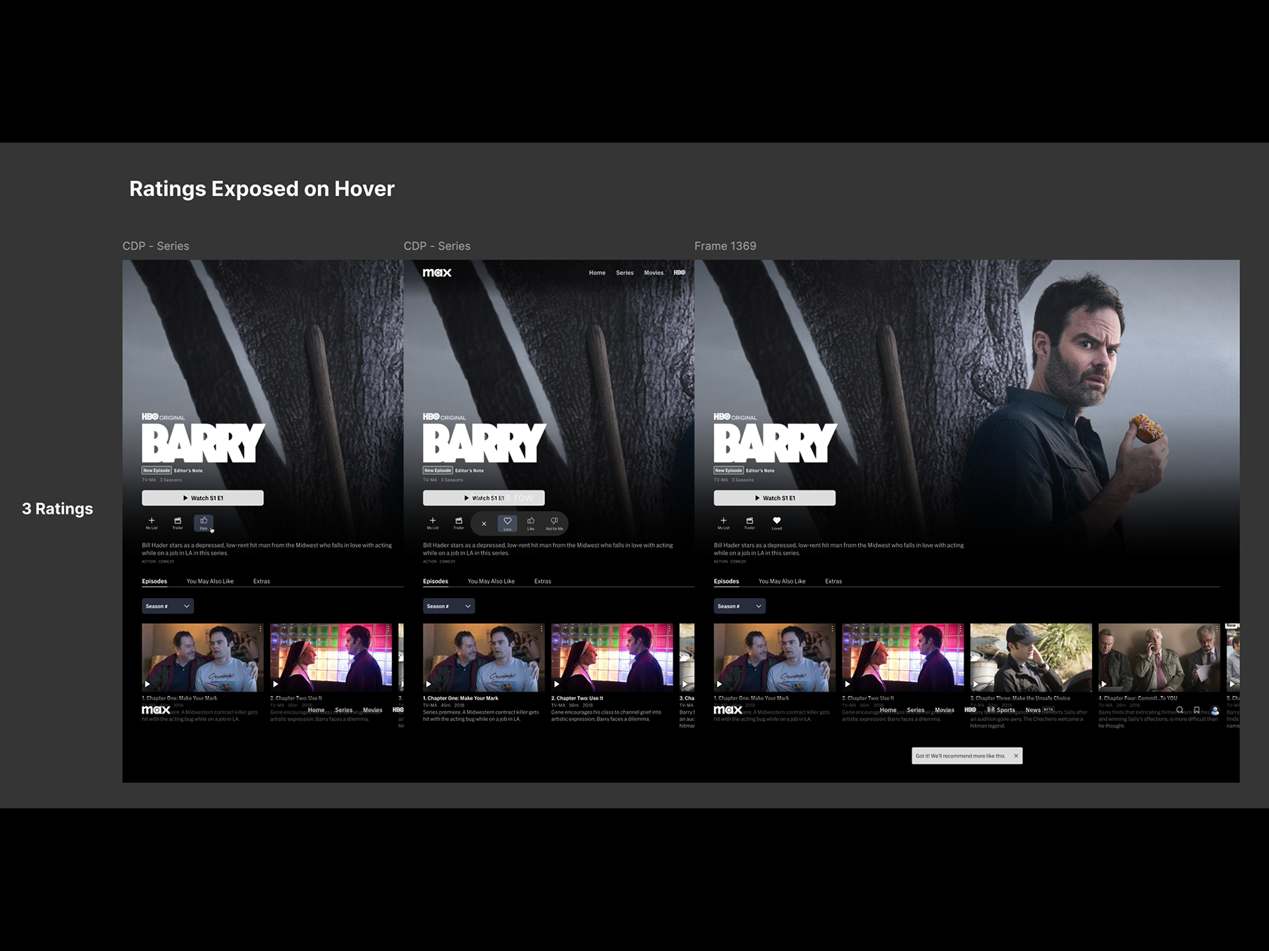 Comp of a web interaction where rating buttons appear on hover.