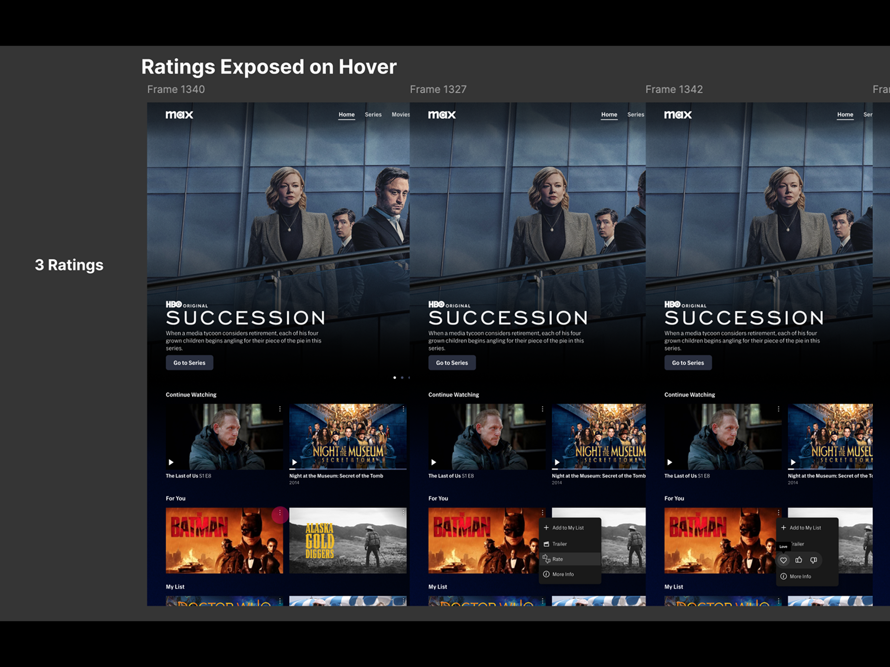 Comp of a web interaction where rating buttons appear on hover withn a menu panel.